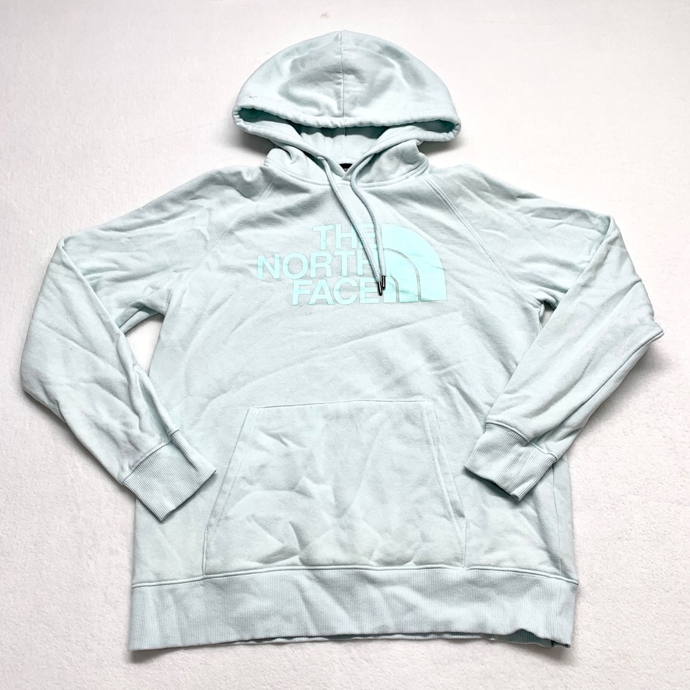 The North Face Pullover Hoodie Womens Size M Light Blue Logo Fleece Cotton Blend